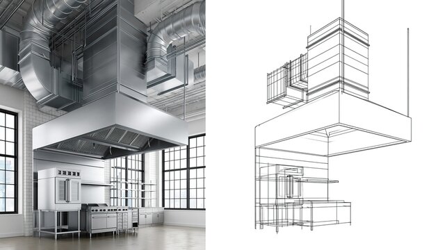 Industrial Kitchen Ventilation System: Detailed View of Exhaust Hoods and Piping