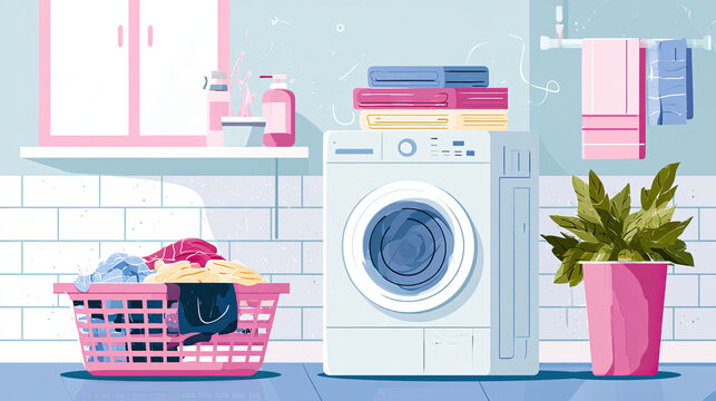 transparent vector illustration of a modern laundry room with washing machine