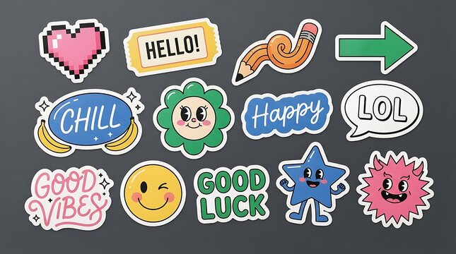 Set of colorful retro cartoon stickers featuring a heart, pencil, arrow, smiley face, and various fun phrases on dark background
