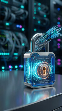 close-up photograph of a futuristic digital padlock constructed from translucent sapphire glass and brushed titanium. The lock body glows from within with cool cyan and electric blue light, 