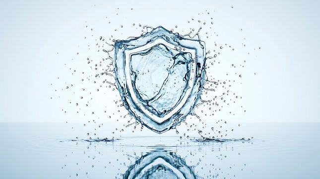 Abstract shield symbol formed by splashing water isolated on clean white background representing protection security safety and digital privacy concepts with beautiful liquid motion photography
