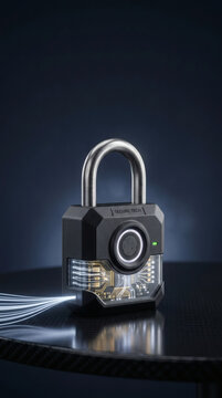 macro photograph of a heavy-duty, contemporary smart padlock resting on a dark, polished carbon-fiber tabletop. The lock casing is forged from matte-black ceramic with chamfered edges and features 