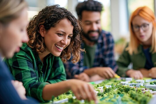 Urban planning team collaborating on climate - resilient neighborhood model