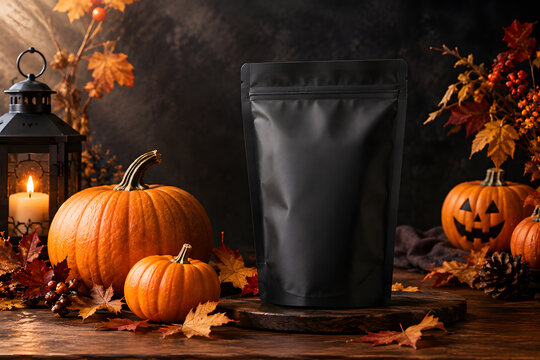 pouch mockup, packaging mockup, black pouch, zipper bag, foil pouch, halloween mockup, product mockup, pumpkin, jack o lantern, autumn leaves, fall season, halloween decoration, wooden table, candle l