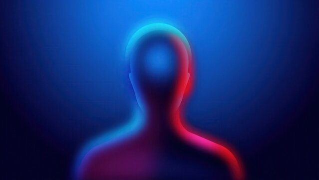Abstract glowing human silhouette with colorful neon light on a dark blue background.