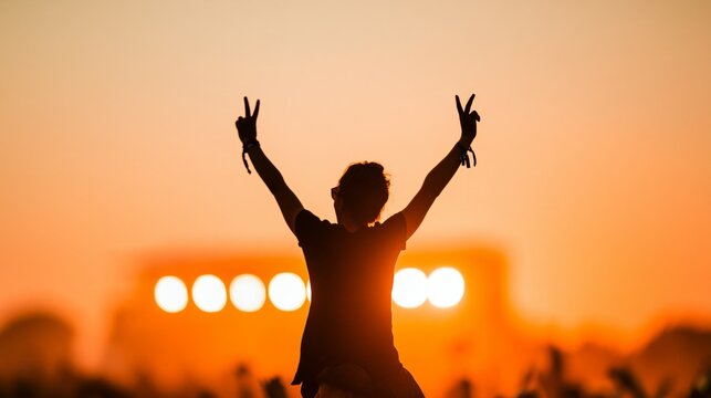 Woman raising arms with peace signs enjoying outdoor music event at sunset