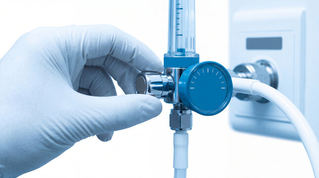 Gloved hand adjusting a medical oxygen flow meter regulator