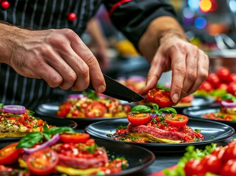 Chef's hands carefully arranging tomatoes and basil on plates of delicious gourmet food