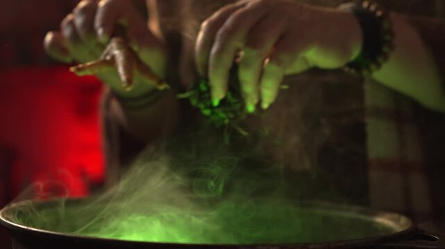 A realistic witch brewing a potion. A close-up of her hands, one of which is a chicken's foot, hovering over a steaming cauldron. Everyday life intertwined with traditional witchcraft.