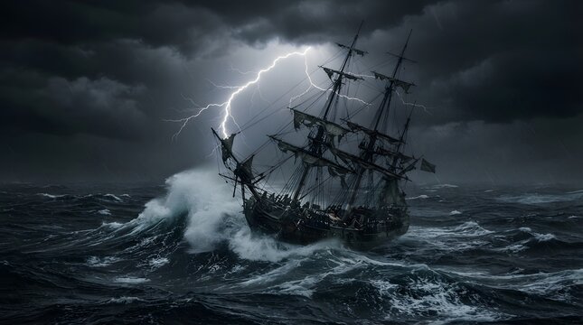 Dramatic scene of an old sailing ship battling a fierce ocean storm with lightning flashing in the dark, turbulent sky