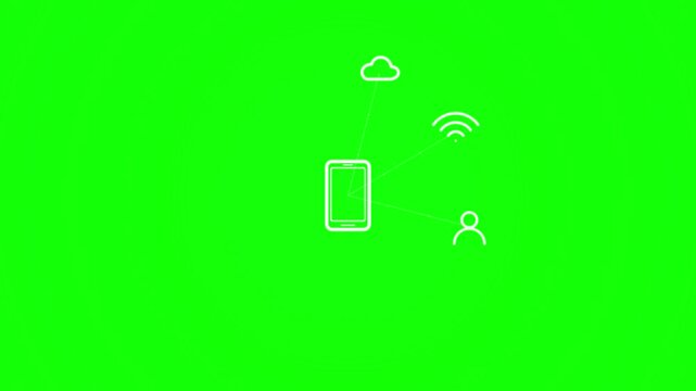 White Smartphone Connectivity Network Diagram Infographic Icons on Green Screen Background for Digital Communication and Technical Data Flow Analysis