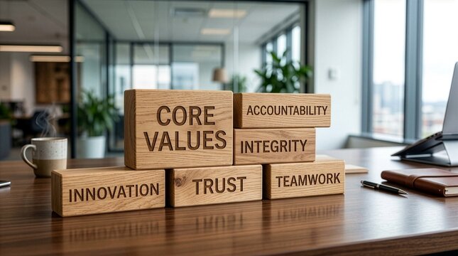 Wooden blocks engraved with corporate words like "CORE VALUES", "INNOVATION", and "TRUST" are stacked on an office desk, presenting business ethics and company culture concepts.