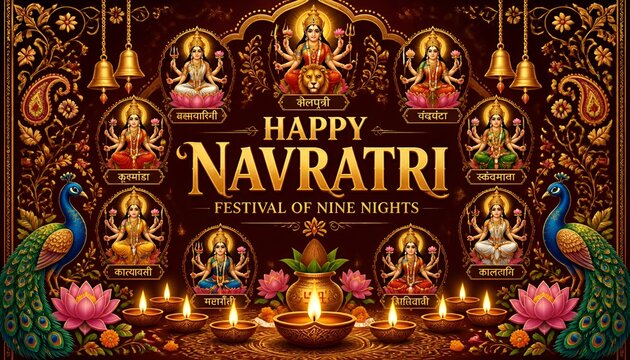 Happy Navratri Banner with Nine Forms of Goddess Durga Navdurga and Peacock Ornaments