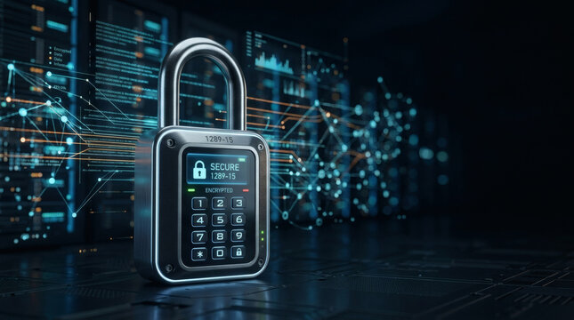 premium technology photograph of a digital padlock standing prominently within an abstract secure data environment inspired by modern digital infrastructure. Subtle streams of encrypted information 