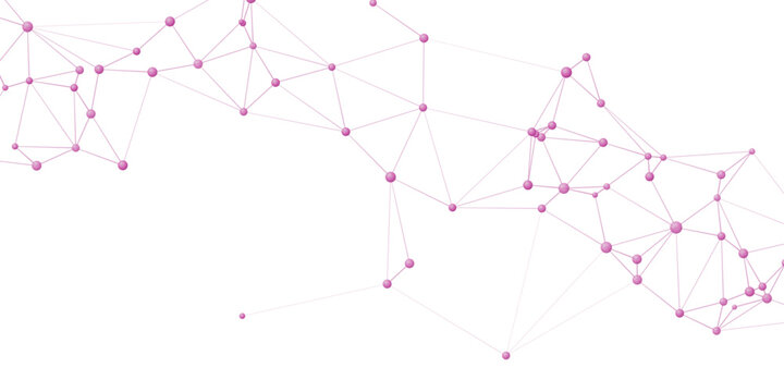 A network of interconnected pink nodes and lines forms an abstract digital web, suggesting data flow and connectivity.