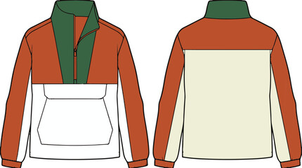 Color Blocked Outdoor Pullover Jacket Technical Fashion Illustration Front and Back View Apparel Design © MDShohel