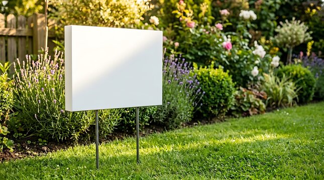 Blank white rectangular sign on metal stakes in lush green garden with blooming roses and lavender in background for real estate or event advertising mockup on sunny day in summer
