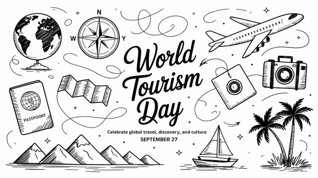 World Tourism Day vector illustration with hand-drawn travel doodles and icons