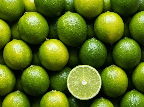 Fresh green limes stacked in a vibrant pile with one single lime sliced in half showing juicy citrus texture for a healthy food photography composition in natural light for culinary projects