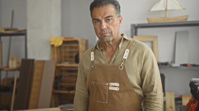 Man carpenter in apron with arms crossed holding a wood plank and leaning by toolbox and shelves in studio; pride craft dedication.