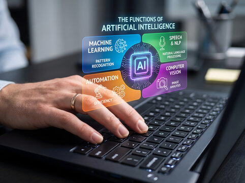 Futuristic digital interface showcasing artificial intelligence functions machine learning computer vision automation and speech over laptop keyboard