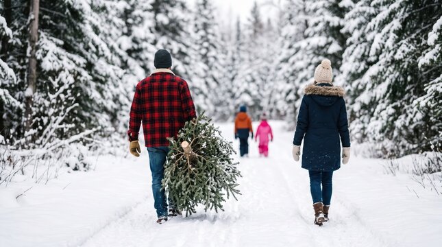 Family with Children Carrying Large Christmas Tree Through Snowy Forest