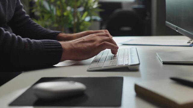 Remote work and digital nomad lifestyle, close up slow motion panning shot to the left of person typing on computer keyboard at desk in workplace
