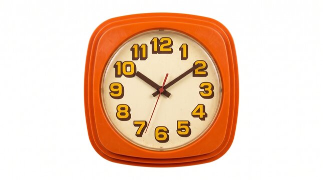 Retro Orange Wall Clock With Yellow Numbers Isolated On White Background