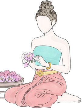 Buddhist lent day concept.Buddhist person holding lotus and press the hands together at the chest or forehead in sign of respect or prayer.Buddhist offering,creative with illustration in flat design.