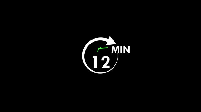 12 min clock icon animation. arrow Clock 12-minute icon Digital and analog clock 12 minutes isolated on black background. 12 timer symbols, isolated on transparent background black alpha channel.