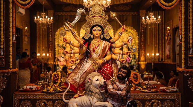 Devotee offering prayers during Durga Puja in elaborately decorated temple with golden idol and floral arrangements