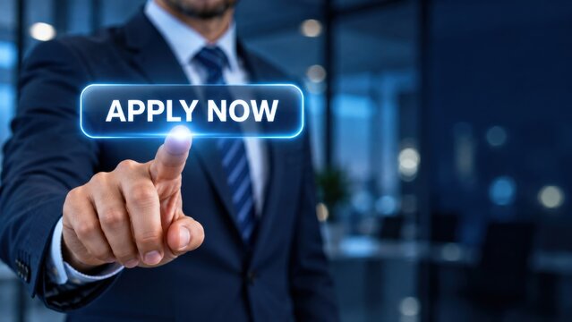 Businessman in formal suit pressing virtual blue apply now button for modern career search.