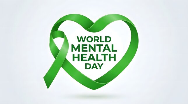 World mental health day is represented by a green awareness ribbon shaped like a heart symbolizing support hope and understanding on a grey backdrop