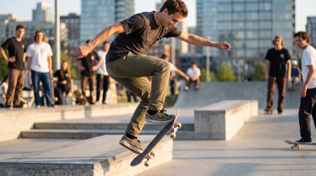 Action photo of young man performing kickflip trick on skateboard at urban skatepark, spectators watching in background, extreme sports concept.