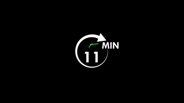 11 min clock icon animation. Clock 11-minute icon Digital and analog clock 11 minutes isolated on black background. and creating a stunning video