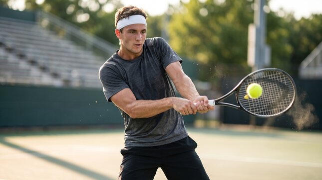 Dynamic action shot of male tennis player hitting two handed backhand stroke with yellow ball impact dust, court match concept.