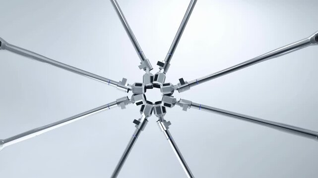 Multiple silver robotic arms move inward from all sides and converge into a precise circular formation at center, creating a symmetrical mechanical pattern on a bright white background