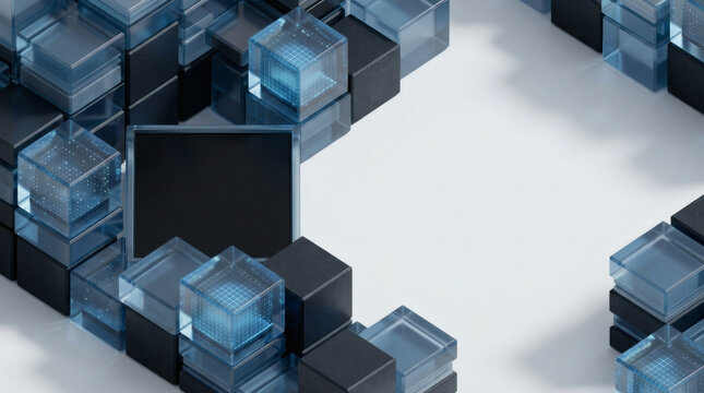 isometric composition of layered technology cubes framing a blank display zone. The foreground edges feature razor-sharp geometric cubes with subtle chamfers, made from tinted blue optical glass 
