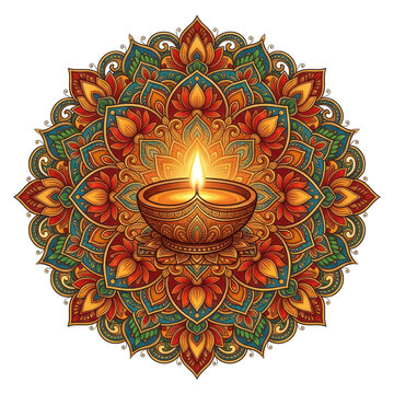 Vibrant mandala design with lit diya isolated on transparent background