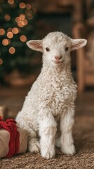 Fototapeta premium Adorable baby white goat sitting beside a beautifully wrapped Christmas present with a red ribbon in a cozy festive interior. Warm fairy lights and soft lighting create a charming holiday advertising 