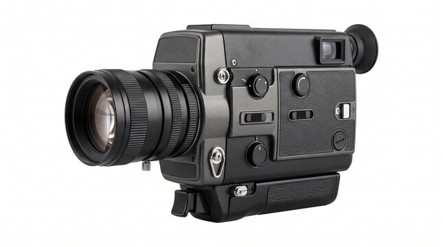 Vintage Super 8 film camera with a large lens and viewfinder on a white background