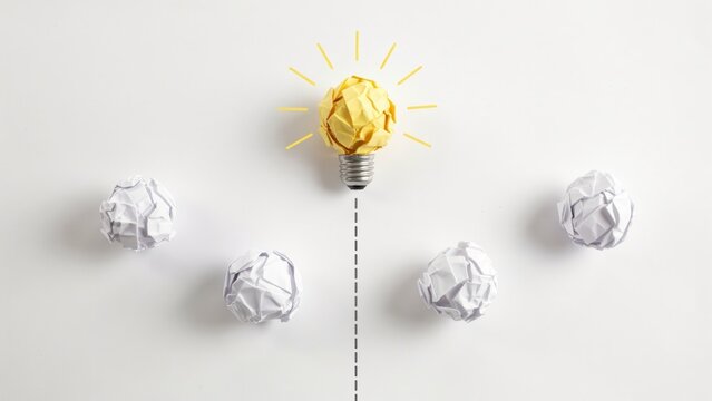 Crumpled yellow paper lightbulb with light rays surrounded by other crumpled paper, symbolizing idea and innovation, isolated on white background