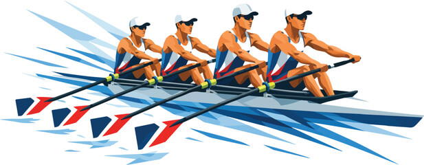 Four men rowing in sync in a racing shell on water © Nargis
