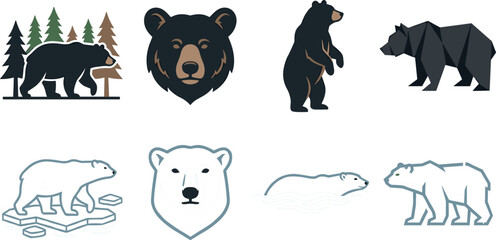 Obraz premium Grizzly and Polar Bear Vector Icon Set with Minimalist Geometric Silhouette and Line Art Symbols for Outdoor Adventure Logos and Wildlife Conservation Badges