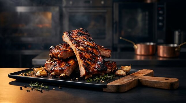 Grilled lamb chops served on a black wooden board with fresh herbs and garlic in a dark rustic kitchen. flame-kissed pork