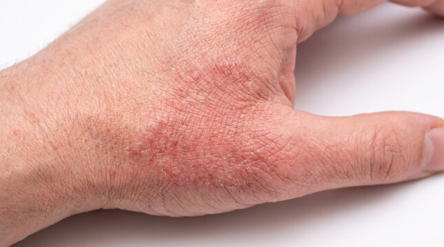 Hand of a patient showing dry eczema lesions and scaly erythematous patches characteristic of atopic dermatitis.