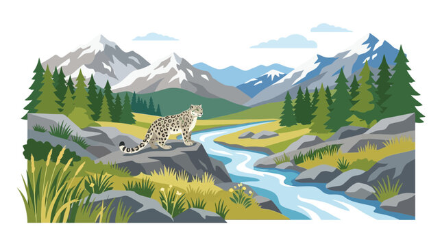 Flat vector illustration of snow leopard in mountain landscape with river