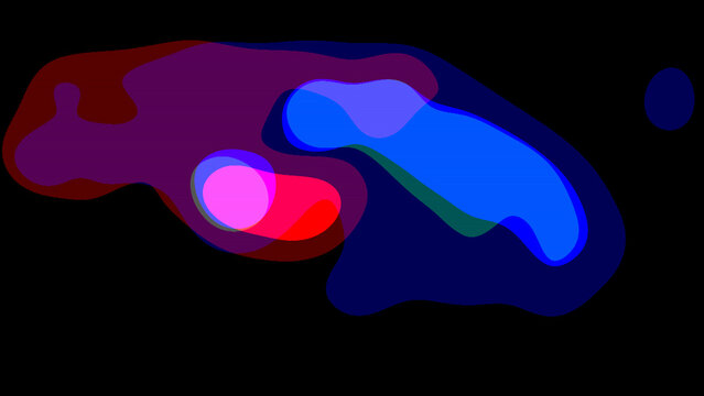 Abstract fluid overlapping colorful glowing shapes on dark background with neon heatmap vector effect for modern digital design