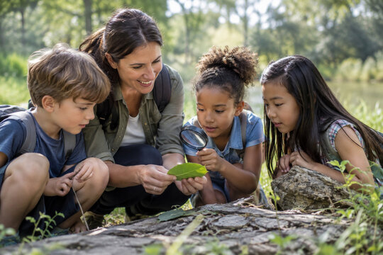 Teacher helping diverse children explore leaves and insects