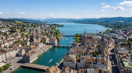 Obraz premium Panoramic Aerial View of Zurich Cityscape with Lake Zurich, Limmat River, and Mountains in the Background
